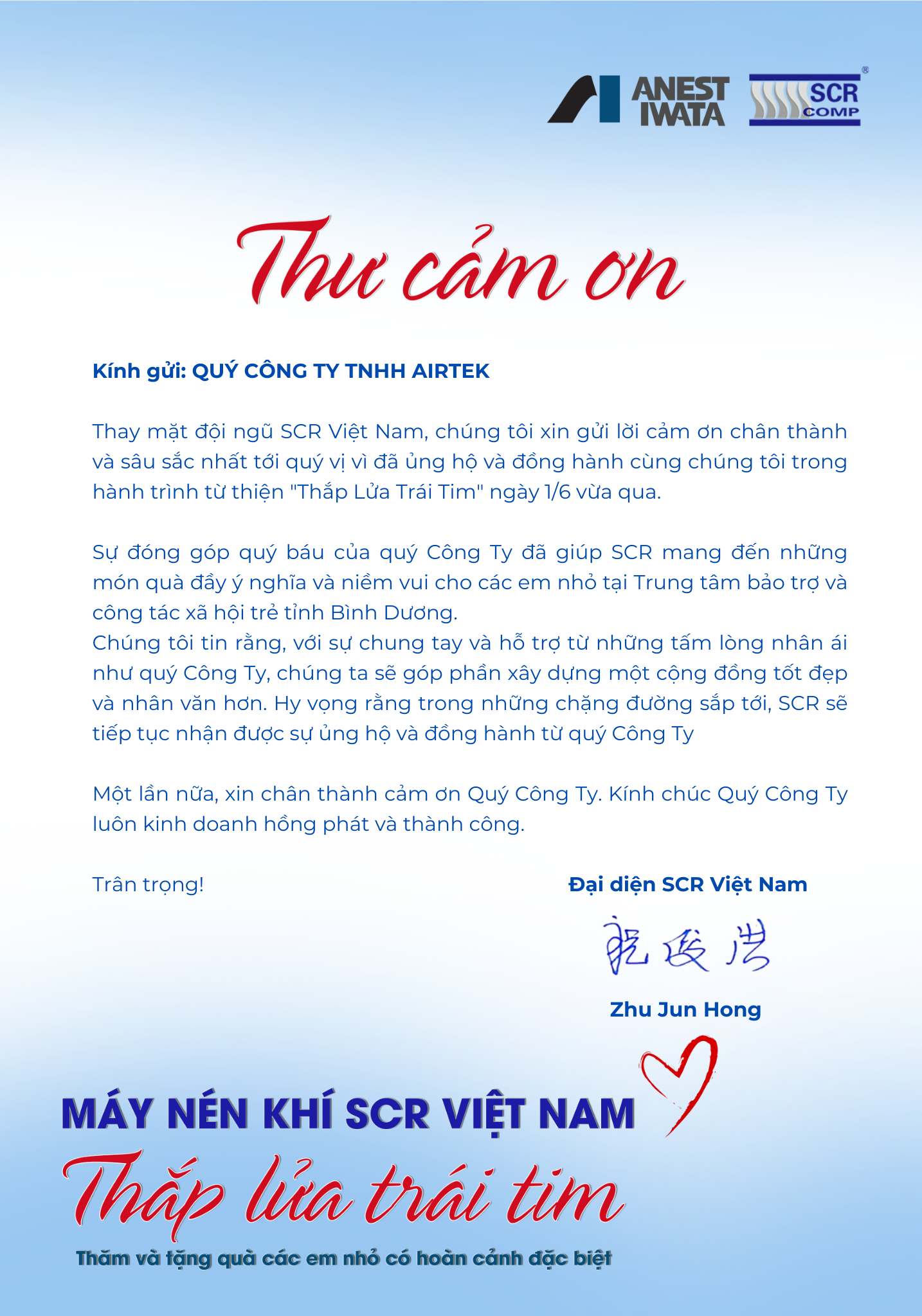 Thư cảm ơn đơn vị ủng hộ chuyến thiện nguyện của SCR