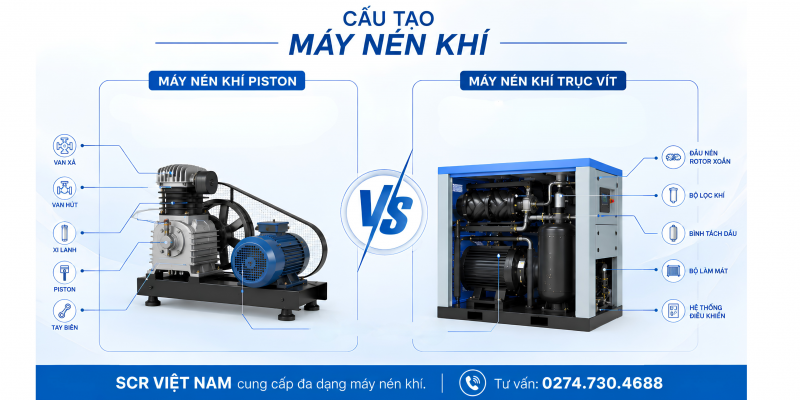 Cấu tạo máy nén khí trục vít và piston có gì khác nhau